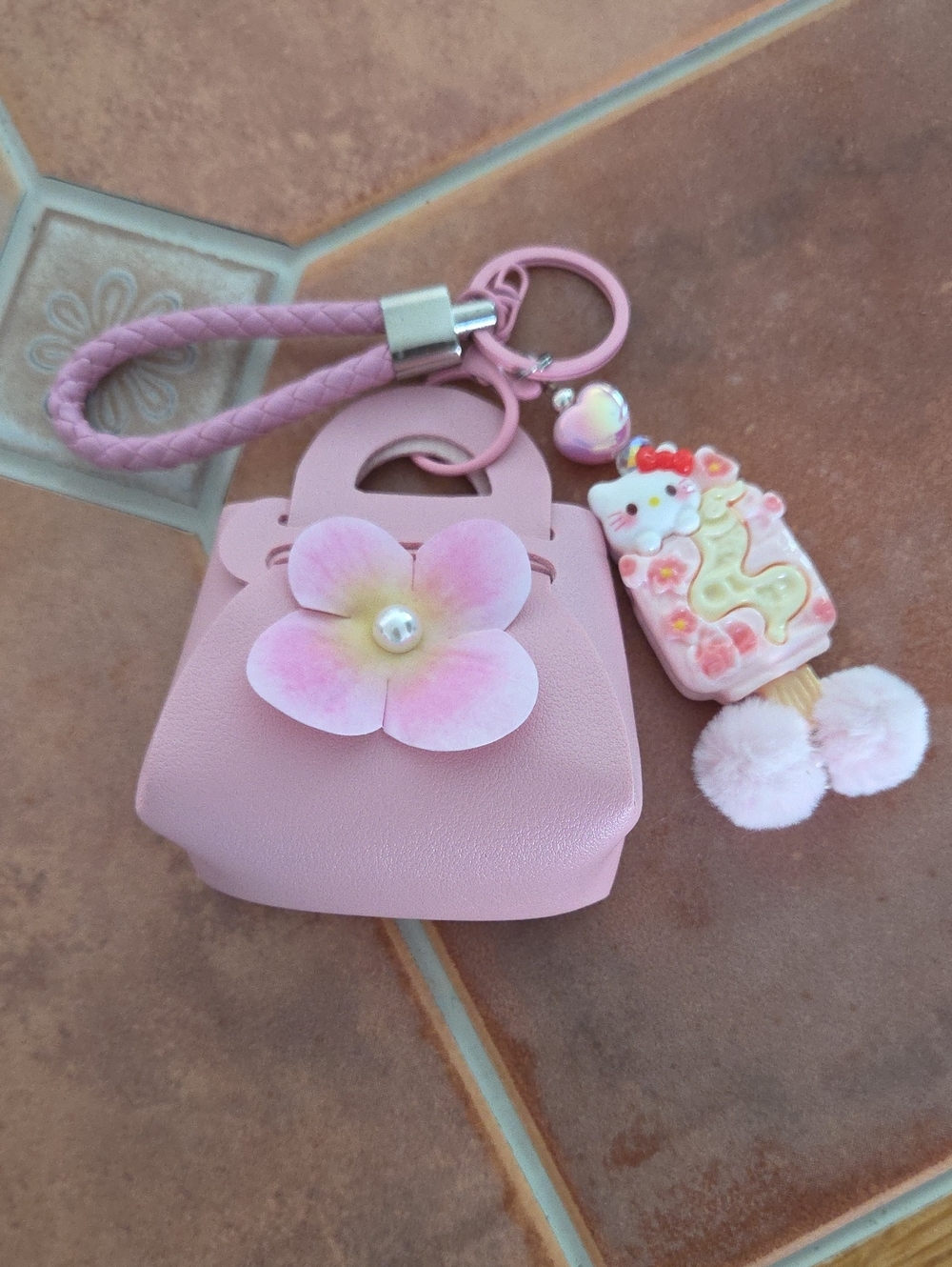 Pink Flower Purse Keychain with Cute Charm